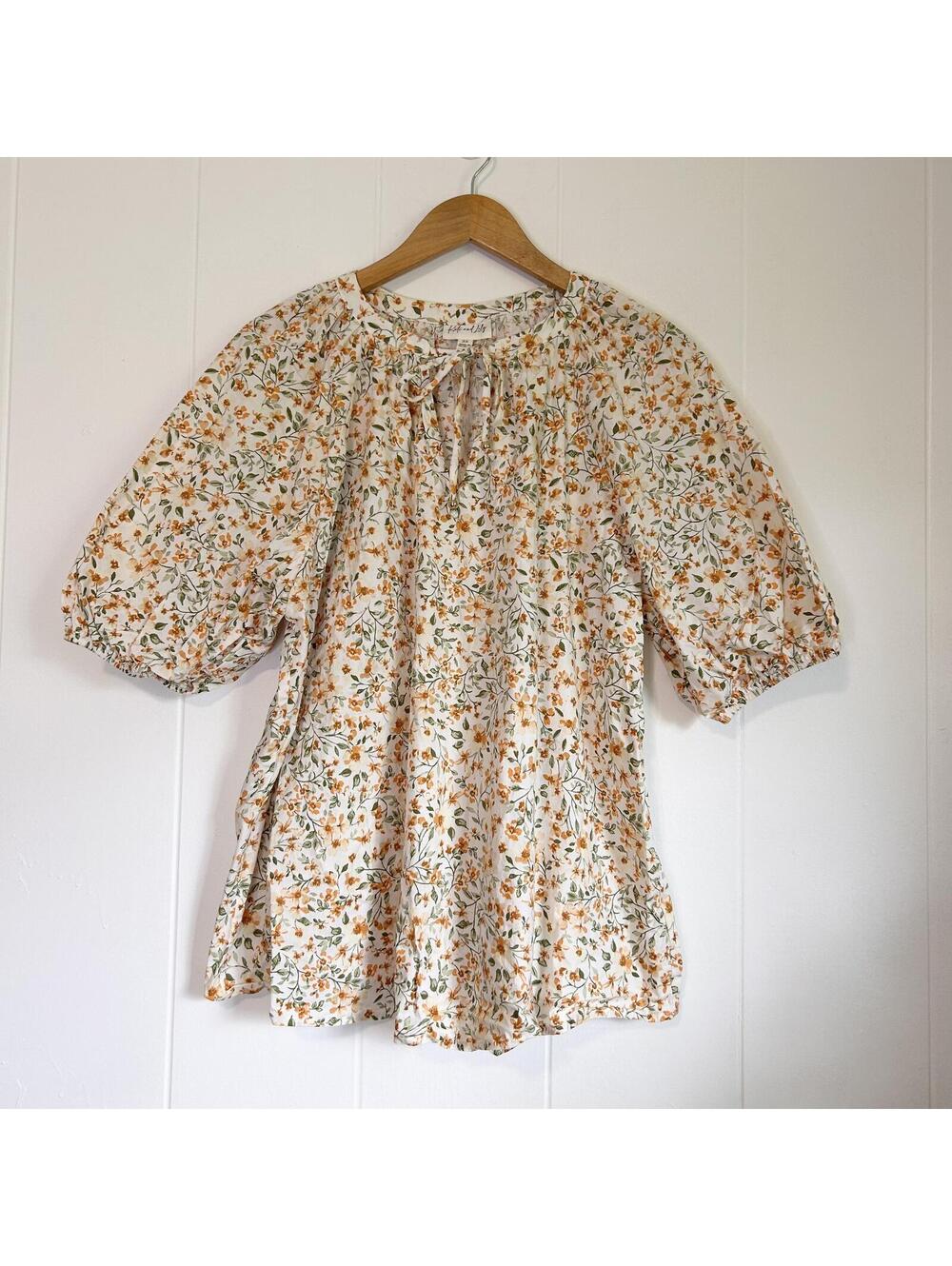 Kate & Lily Orange Floral Keyhole Front Tie Plus Size Boho Blouse Top Women's 3X